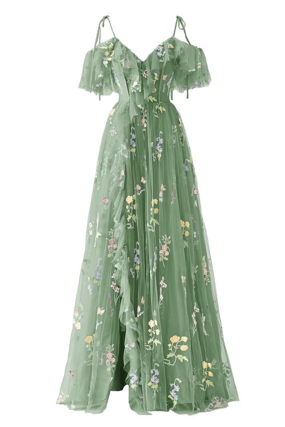 Yiann Women's Sage Green Tulle Prom Dresses Flower Embroidery Ruffle V Neck Formal Evening Dress Party Gowns For Teens Uk22