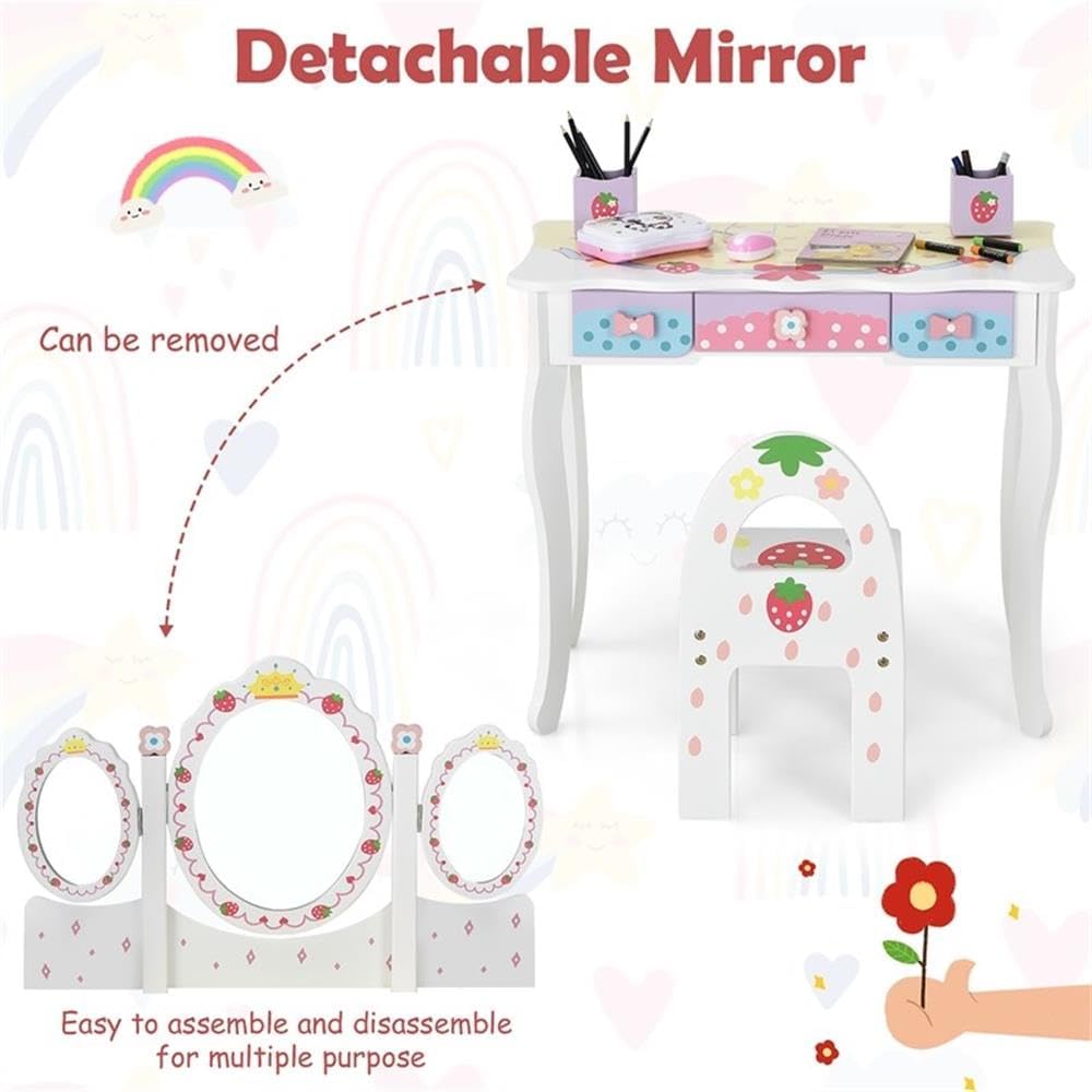 Pemberly Row Kids Vanity Princess Makeup Dressing Table Chair Set, MDF Construction, White Finish, Tri-Fold Mirror, Ergonomic Chair, Detachable Design, Compact Storage, Ideal for Bedroom or Playroom