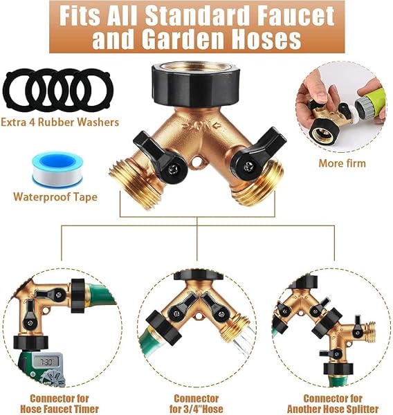 Distributeur d’Eau Double Sortie 2 Voies 3/4", Robinet Double Machine à Laver avec Interrupteurs Indépendants, Répartiteur en Y en Métal pour Tuyau d’Arrosage, Lave-Linge, Cuisine et Jardin (Or) - 3