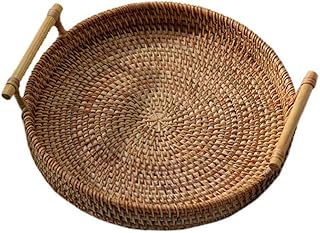 Ronde en rotin Plateau de rangement tissés à la main Panier en osier Table de bureau Organisateur Plateau pour boisson, petit déjeuner, thé, Bougie (24x7cm)