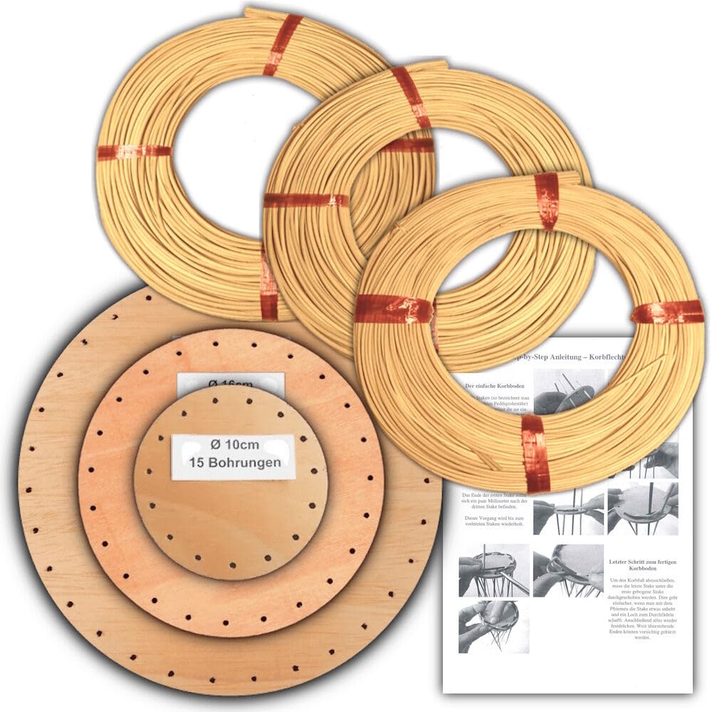 Peddigrohr Korbflechtset Einsteigerset [Set Nr.5A] - 3 Korbflechtböden & 3X 125g Peddigrohr incl. Anleitung