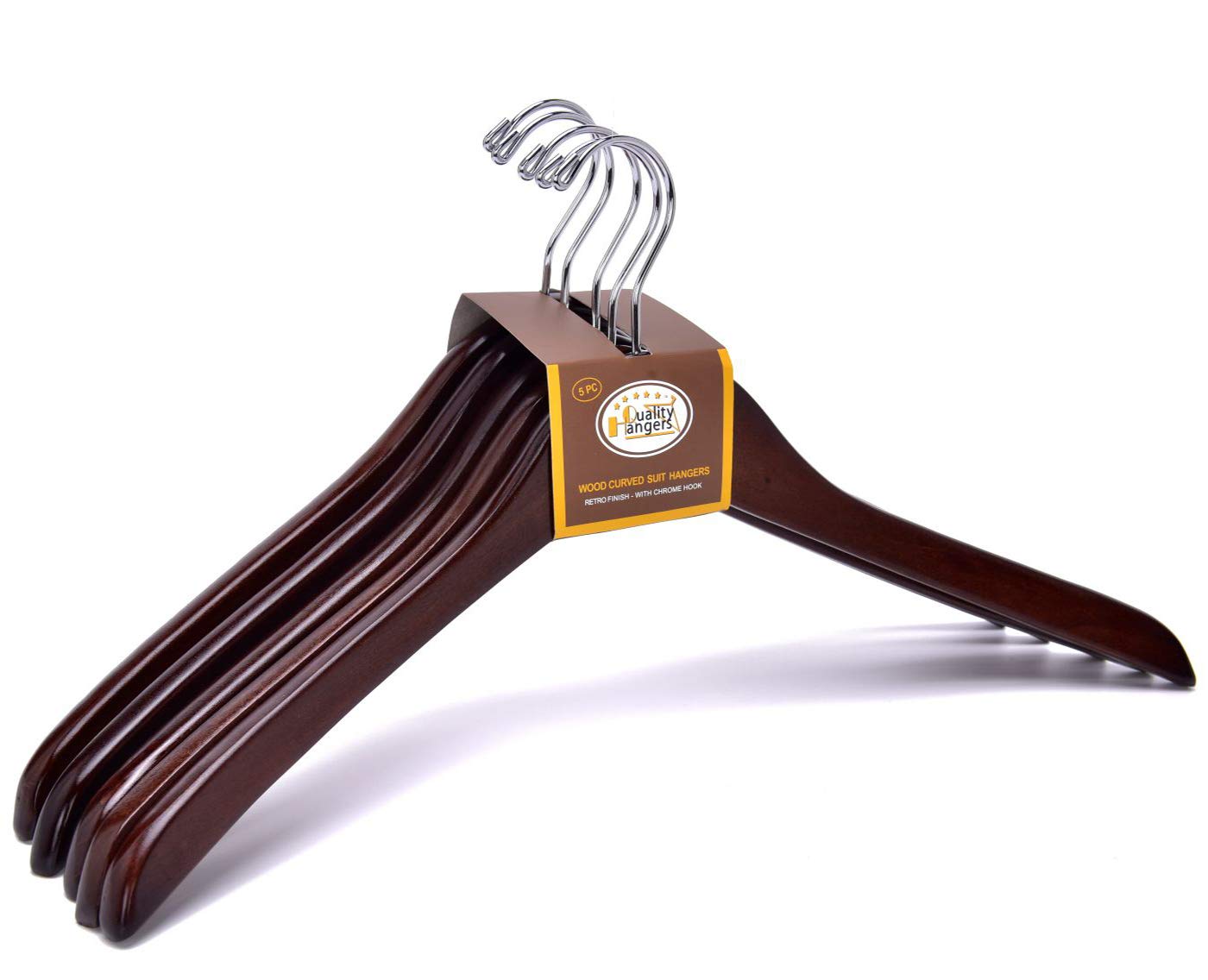 Quality Hangers Wooden Curved Coat Hangers - Smooth Solid Wood Pants Hanger With Chrome Swivel Hook - Perfect for Suits and Jackets - Walnut - 5 Pack