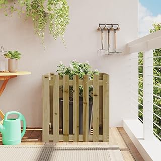 Natural Brown Pressure Treated Pine Wood Garden Planter, Medium Square Wooden Planter Box for Outdoor Plants, Rustic Fence Style Design, Weather Resistant Durable Raised Bed