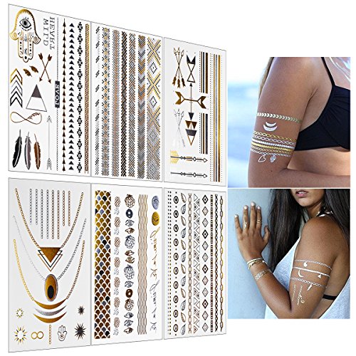 Inifty Temporary Tattoos Body Art Stickers Waterproof Shiny Jewelry High Gloss Shimmer Designs in Gold, Silver, Black & Blue Turquoise (6 Sheets Gold & Silver)