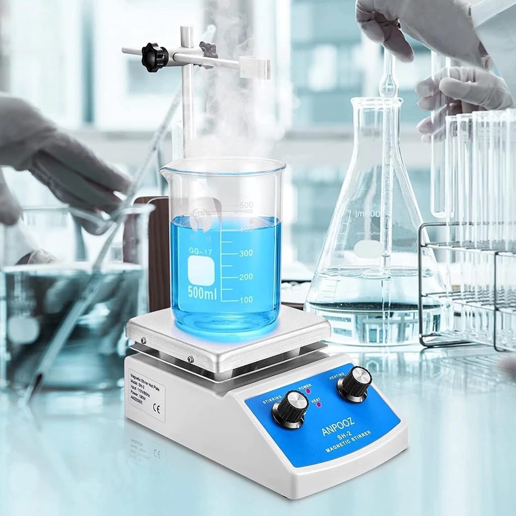 Agitatore magnetico con piastra riscaldante, potenza di riscaldamento regolabile e velocità di agitazione, asta di miscelazione e retriever inclusi, blu