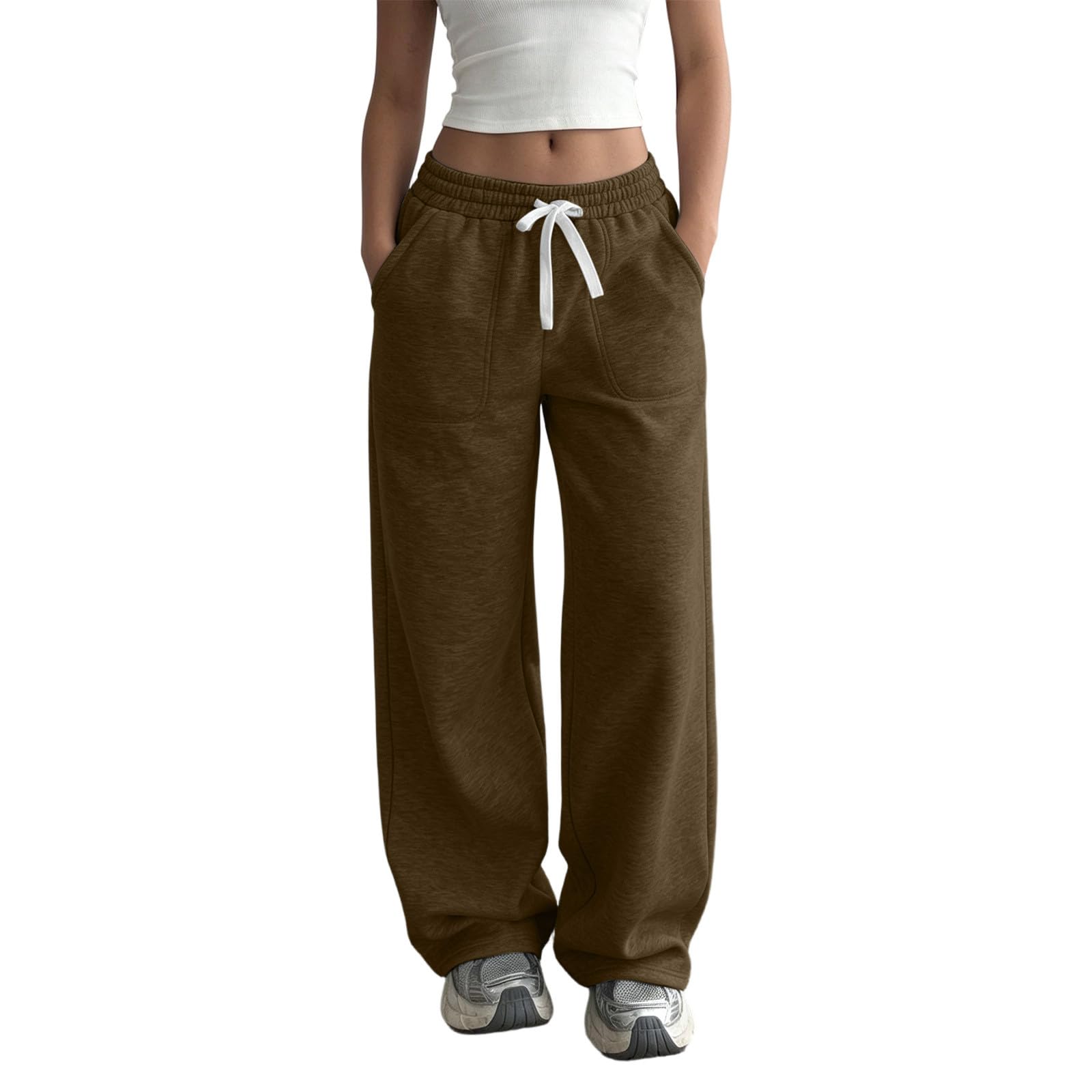 Generico Pantaloni da Jogging Donna Pantaloni Lunghi a Vita Alta Pantlone Cotone con Coulisse Regolabile Leggeri e Comodi Pantalone da Corsa con Tasche Tinta Unita Pants Baggy per Fitness e Sport