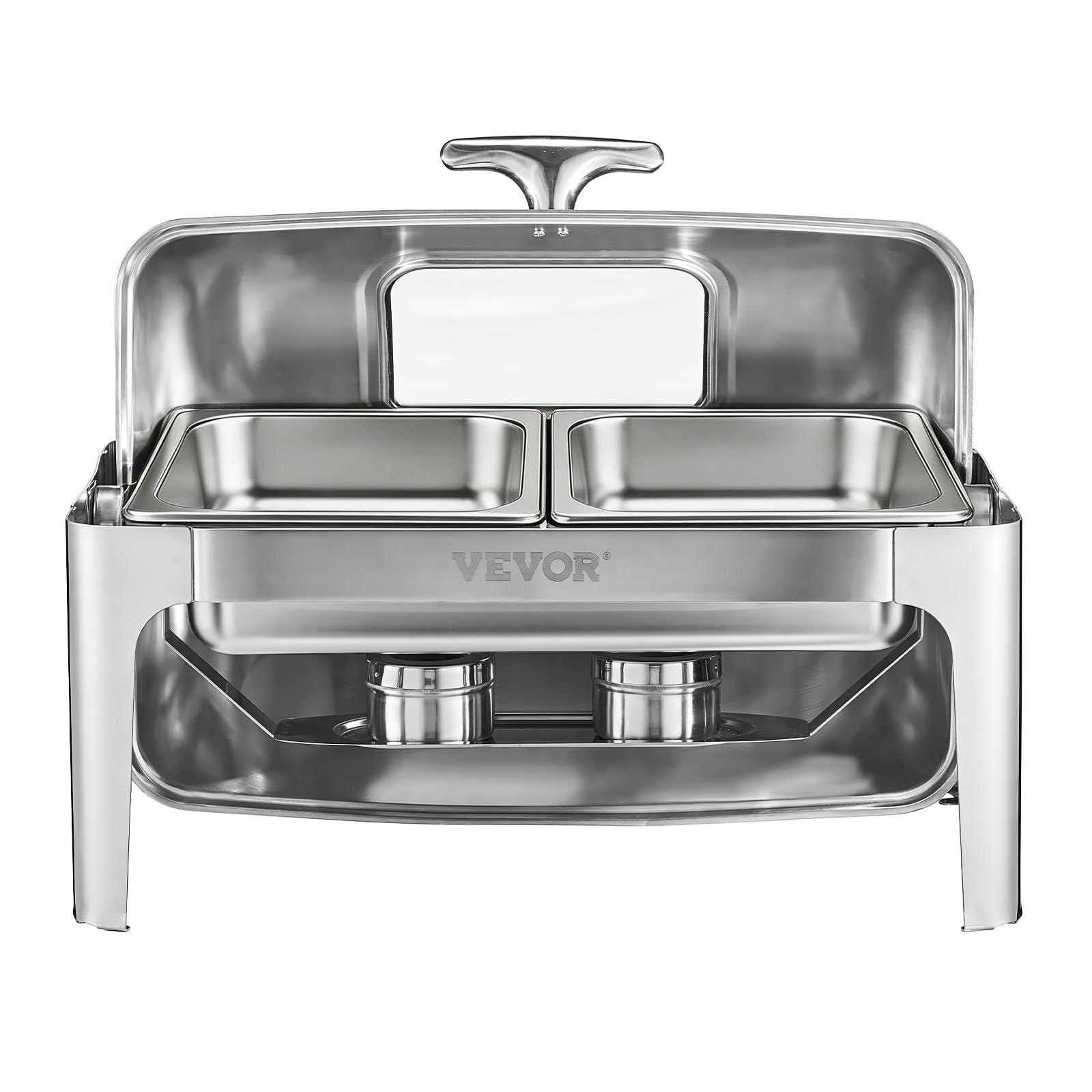 VEVOR Set di Scaldavivande 3,9 L Scaldavivande Rettangolare in Acciaio Inox, 1 Pezzo con 2 Padelle di Mezza Misura, Coperchio Visibile, Supporto Pieghevole per Padella per Acqua e Carburante, Argento