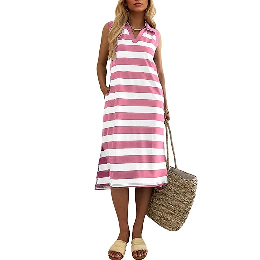 Mieazom Vestido feminino de verão, listrado, alças finas, sem mangas, elástico, solto, vestido de praia com bolsos