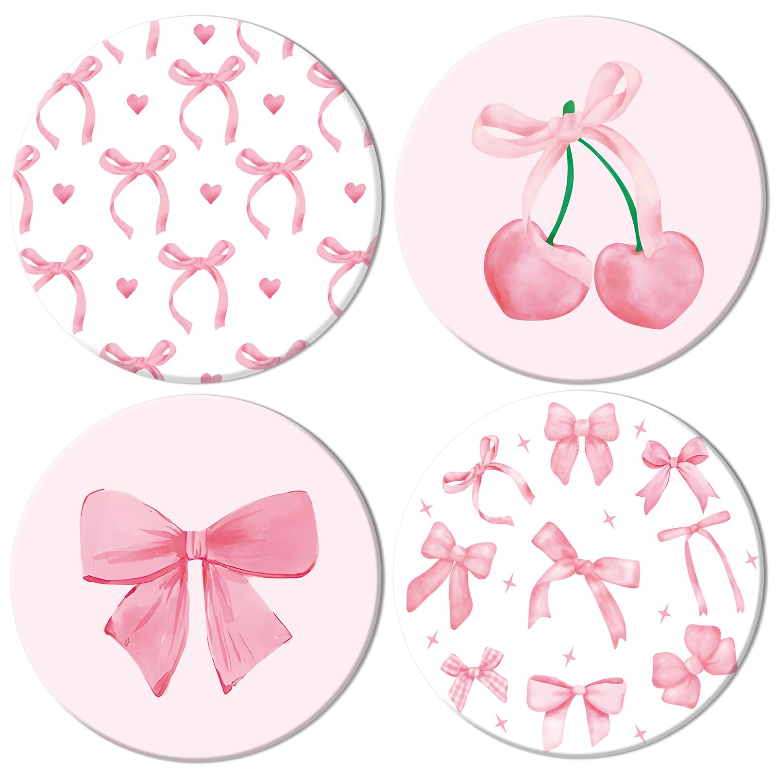 FYSUIMU 4Pcs Pink Bow Coasters Cute Coquette Bowknots Ceramic Drink Coasters Absorbent Bow Cherries Cup Mat for Mother's Day Valentines Baby Shower