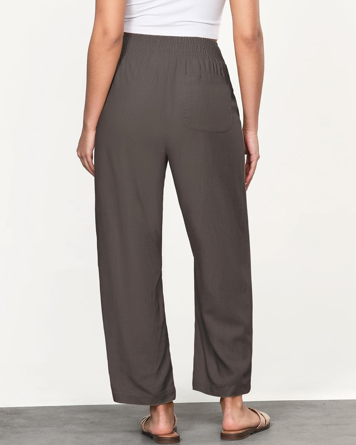 GRAPENT Linen Pants Women Wide Leg High Waisted Cropped Barrel Pull On Smocked Elastic Waist Summer Pants with Pockets - Image 2