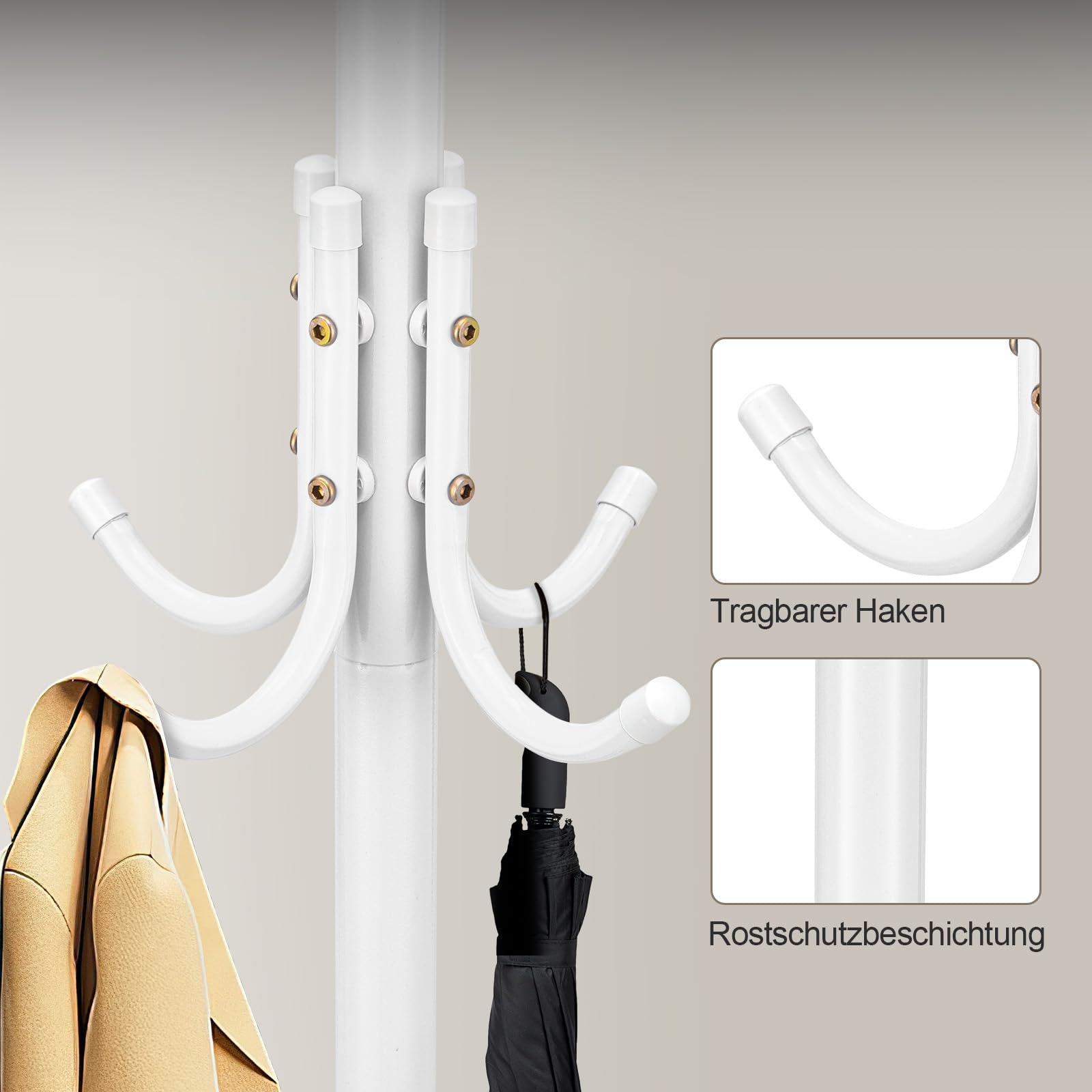 Youyijia Loft Garderobenständer Free-Standing Coat Stand Aus Metall Moderner Jackenständer in Baumform für Flur Schlafzimmer Büro 12 Haken 175 cm Hoch Stabil Matt Weiß