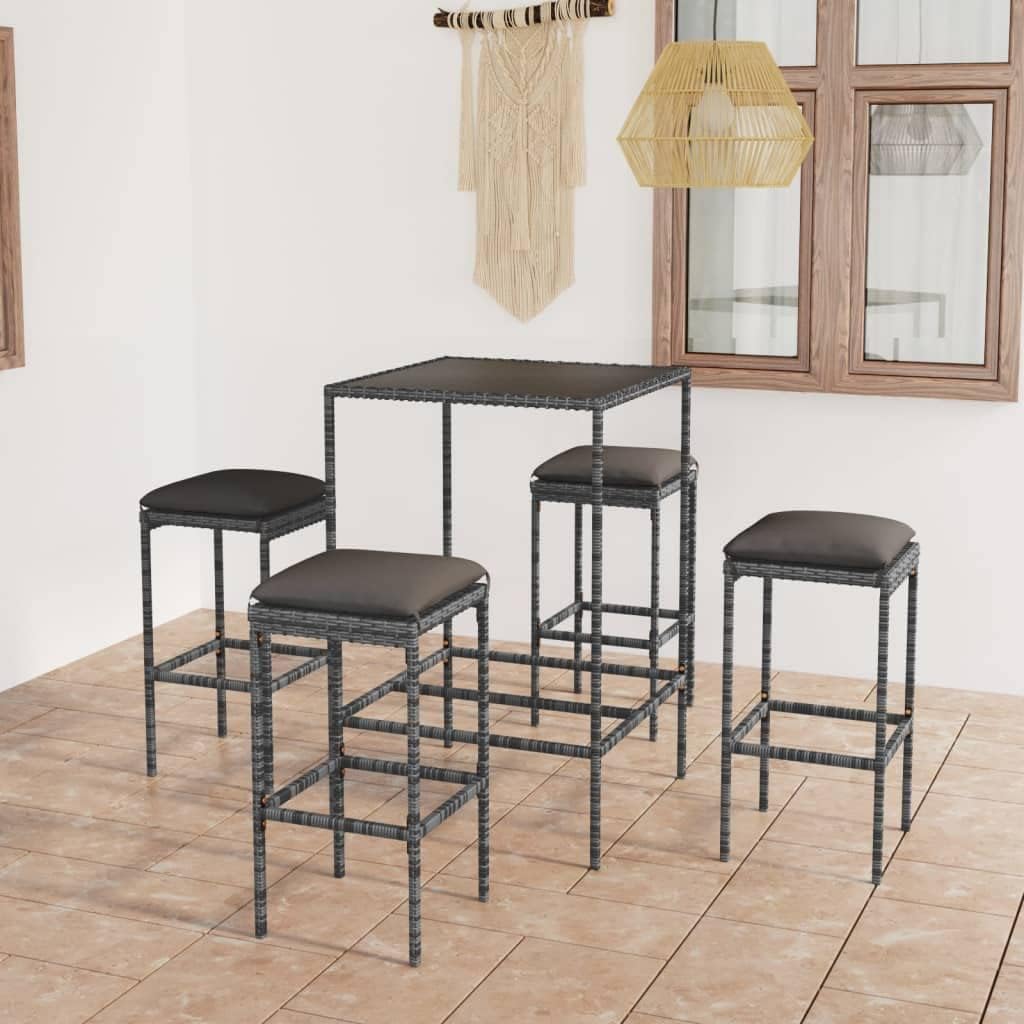 5-Piece Grey Garden Bar Set with Tempered Glass Table and PE Rattan Seating for Outdoor Dining, Weather-Resistant Patio Furniture with Powder-Coated Steel Frame and Removable
