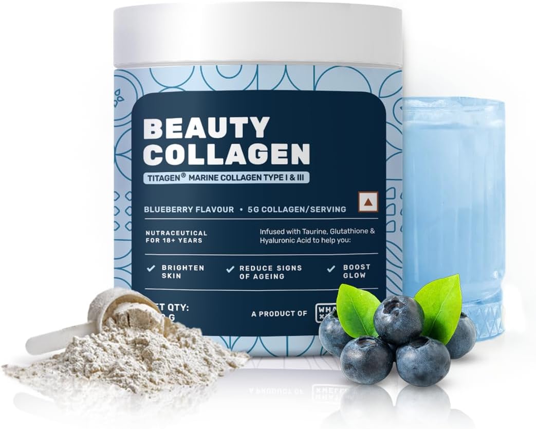 Whatโs Up Beauty Collagen Powder with Glutathione & Vitamin C for Brighter & Spotless Skin. Certified Titagen Marine Collagen Type I & III for Men & Women. Benefits Skin, Hair, & Nails. Blueberry