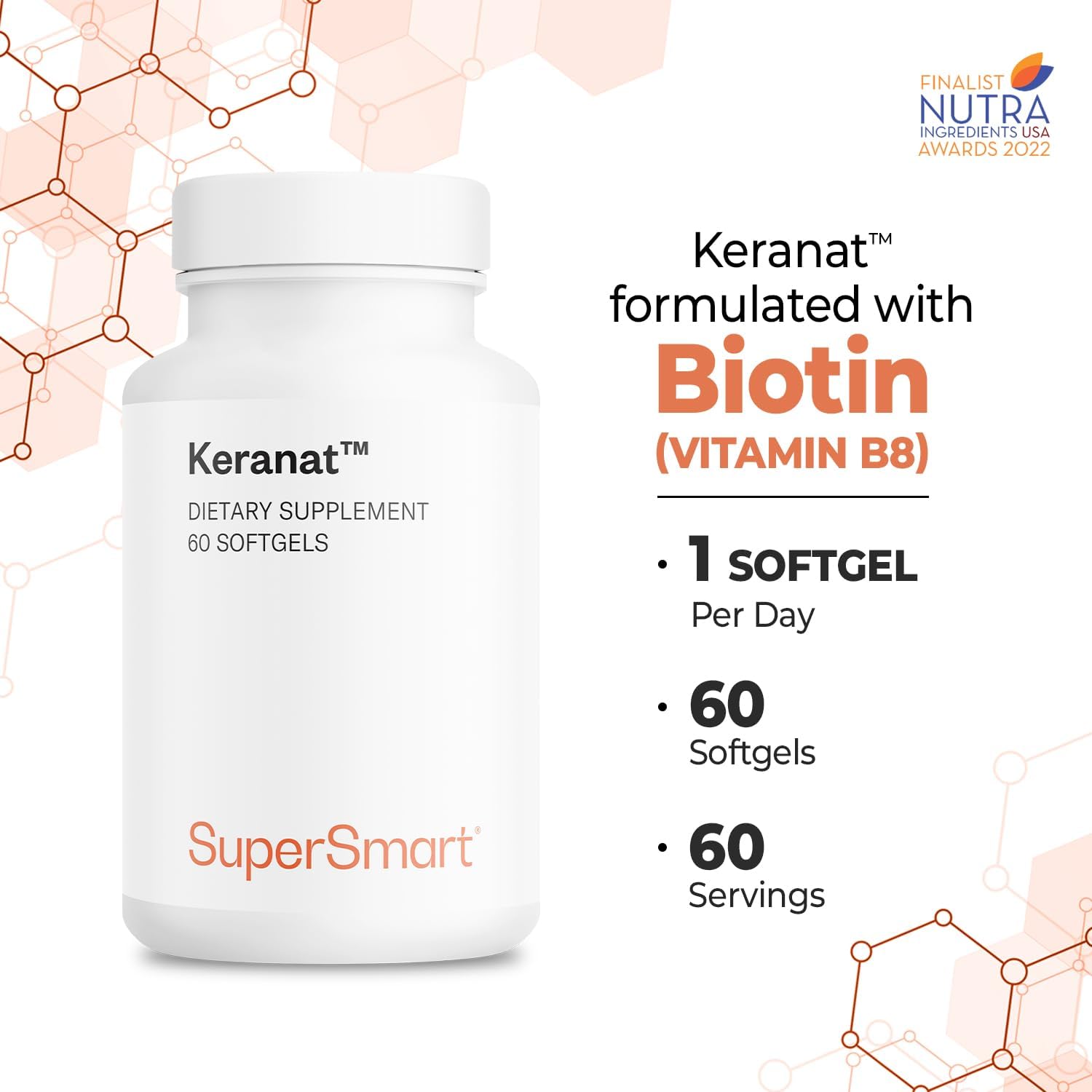 Supersmart - Keranat (Advanced Formula with Biotin) - Hair Supplement for Volume & Growth - Hair Loss Vitamins | Non-GMO & Gluten Free - 60 Softgels