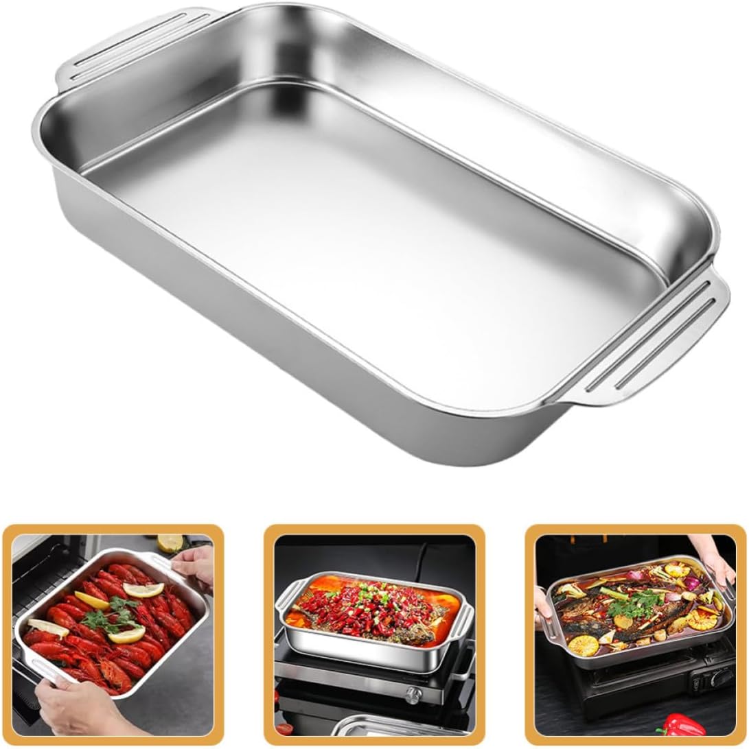 Rectangular Roasting Pan 3rd Size Stainless Steel Nonstick Silver