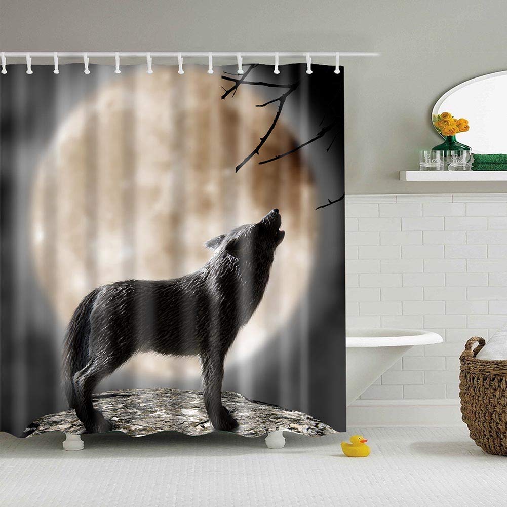 BOYOUTH Moon and Wolf Pattern Digital Print Shower Curtains for Bathroom,Polyester Waterproof Fabric Bath Curtain with 12 Hooks,70x70 Inches,Multicolor