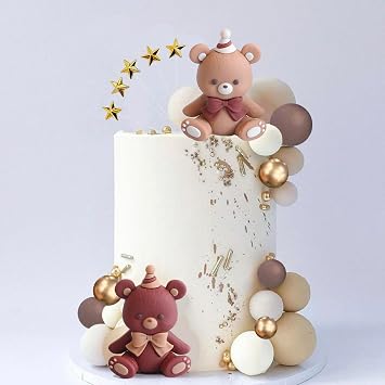 42Pcs Bear Balls Cake Toppers Mini Brown Bear Cake Decorations Boho Pearl Ball Cake Toppers for Boy Girl Baby Shower Birthday Gender Reveal Wedding Party Supplies