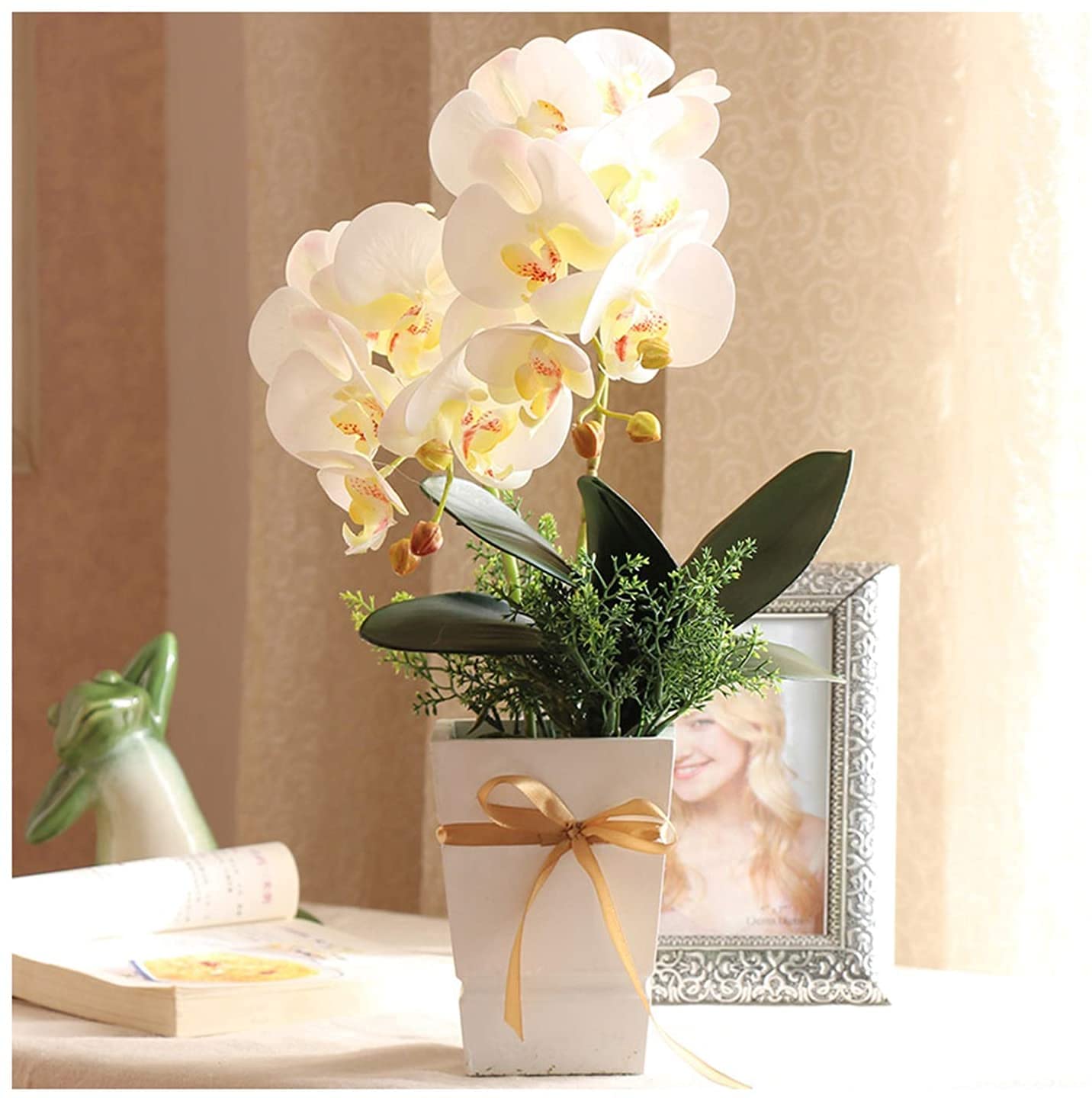 Lebensechte Orchideen aus PU-Leder mit Holzvase, künstliche Blumenarrangements für Zuhause, Büro oder Wohnzimmer, Farbe 3