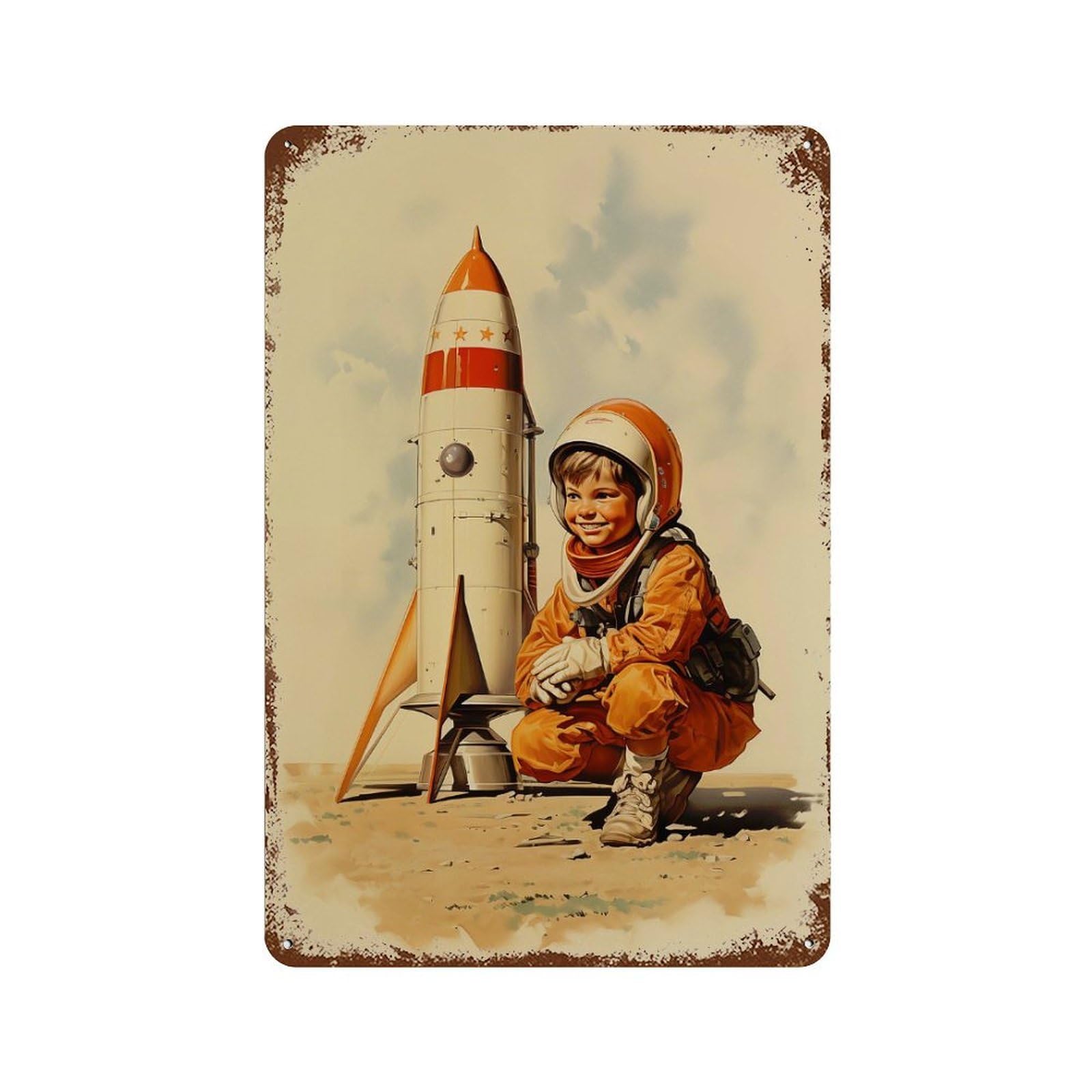 Retro Metal Sign with Boy Astronaut Retro Style Design 11.8"x7.9", for Office, Studio And Wall Decor, Retro Wall Decor