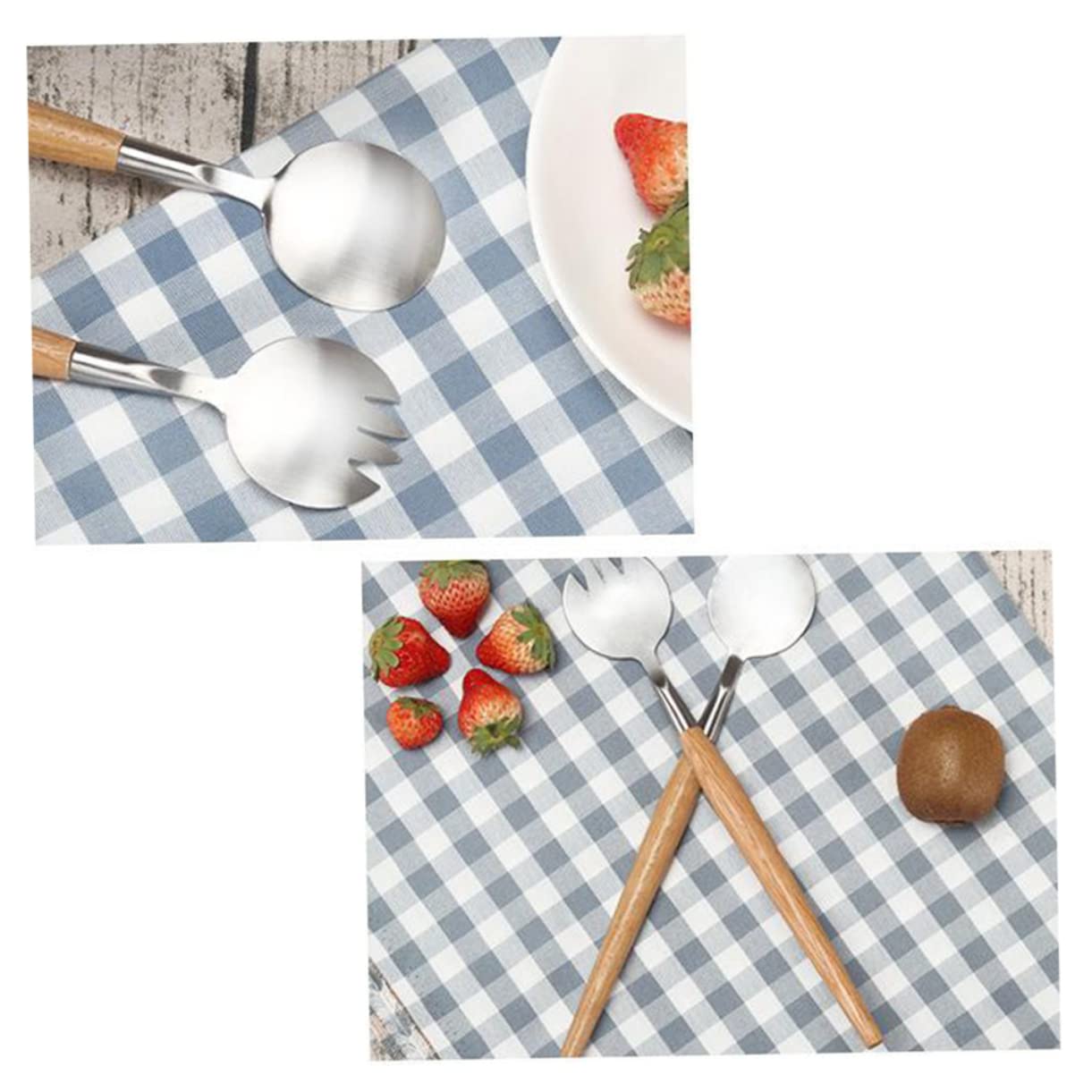 BRIGHTFUFU 2pcs Wooden Handle Stainless Steel Salad Fork and Spoon Set Elegant for Fruits Picnics Parties and Everyday Meals Easy to Clean Tableware