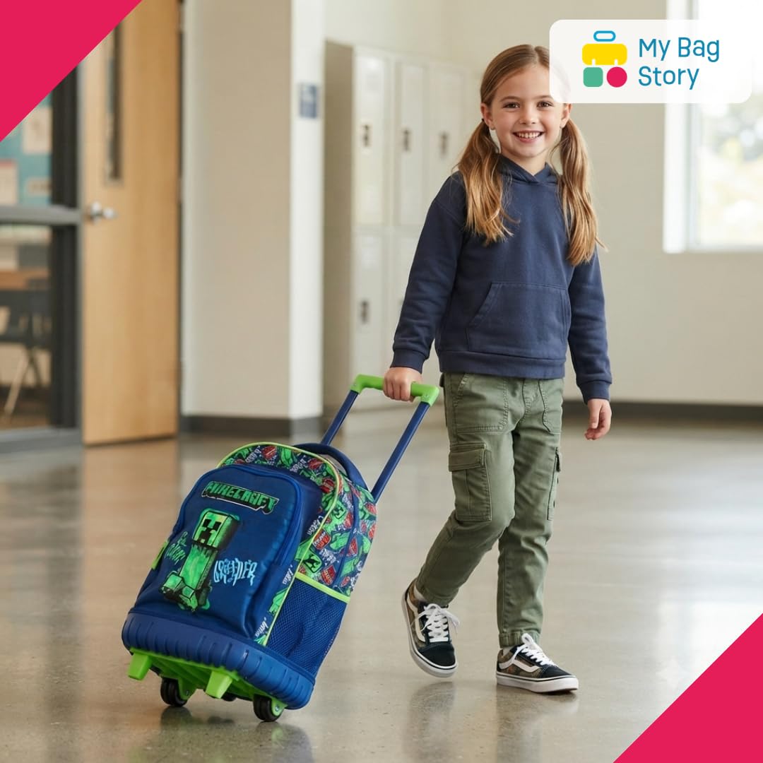 mybagstory | Sac à Roulettes Minecraft | 3 Compartiments | Vert et Bleu