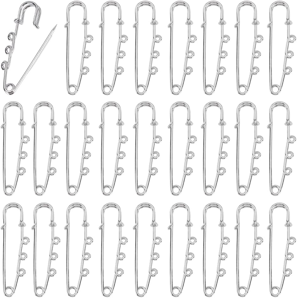 SUNNYCLUE 1 Box 50pcs 2 Inch Safety Pin Brooch Kit Brooch Safety Pins Silver Metal Steel Fastener Loops Large Kilt Pin Brooches with 3 Holes for Hats Skirt Sweater Badge Clothes Jewelry Makings DIY