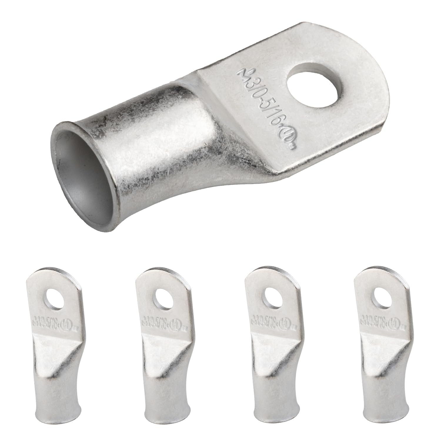 SELTERM 3/0 AWG - 5/16" (M8) ⌀ Hole UL Marine Grade Wire Lugs, Battery Cable Ends, Tinned Copper Eyelets, Tubular Ring Terminal Connectors [B86] - 5 Pack — image 1