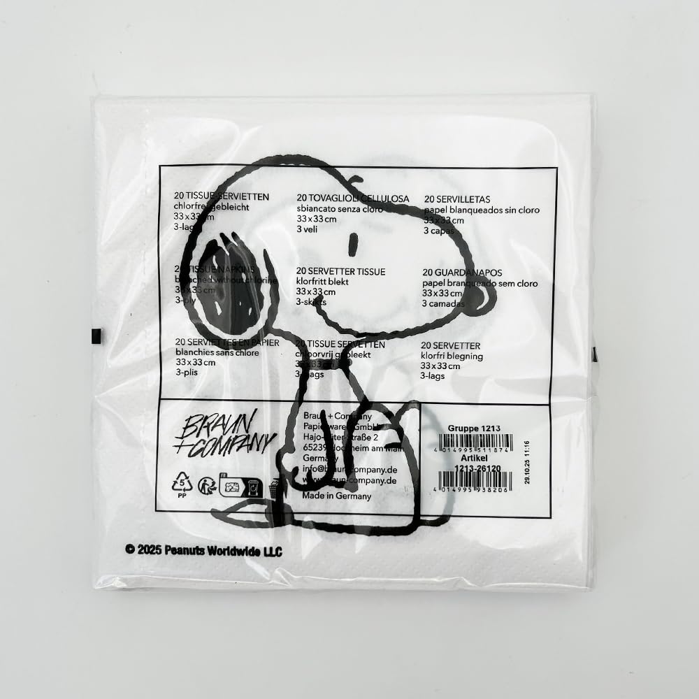 Snoopy Moments Peanuts Premium servetten, 33 x 33 cm, 3-laags, 20 stuks, elegante designservetten met Snoopy-motief, perfect voor verjaardagen, feesten en tafeldecoratie (kleurrijk) (1213-26112
