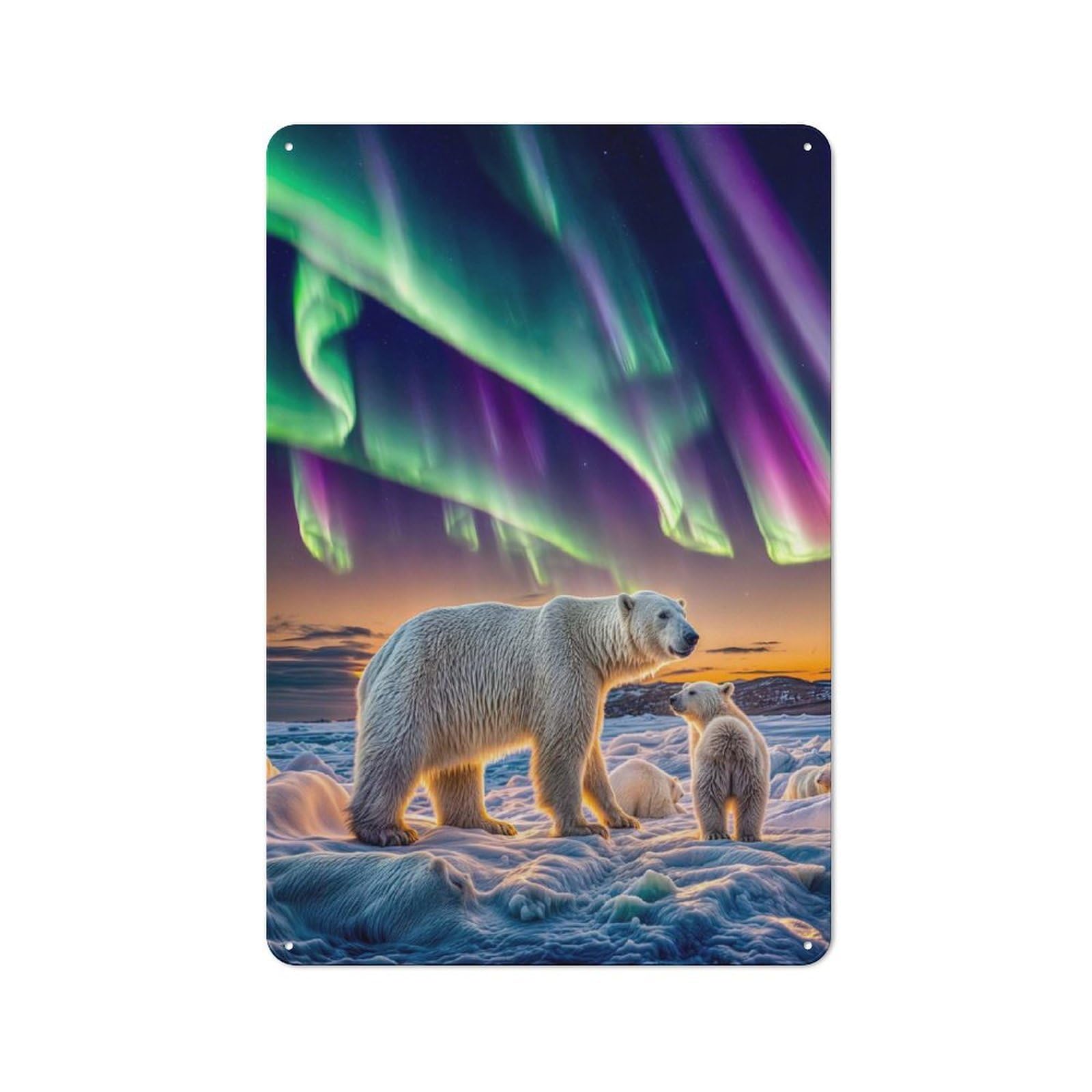 Metal Plaque with Aurora Over Polar Bears Design 30x20cm, Country Style Kitchen Wall Decor for Coffee Bar, Kitchen, Bistro Or Tea Corner