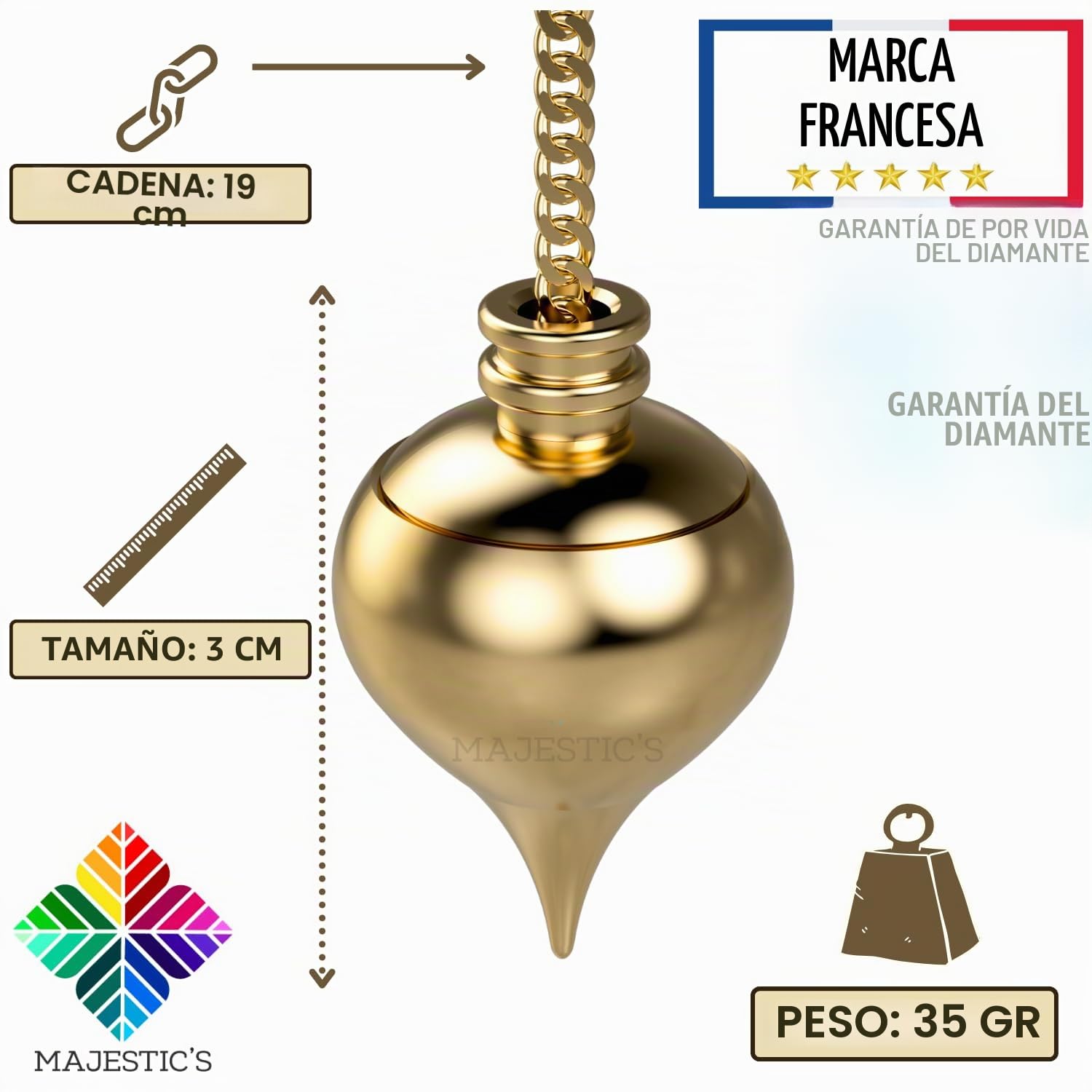 Majestic's Péndulo Adivinación de Radiestesia Luzi Gota de Agua o ABBE MERMET con su Testigo de Latón Dorado y su Cadena (35 GR) – Pendulo Universal –Magnetizador, Zahorí, Clarividencia – Esoterismo