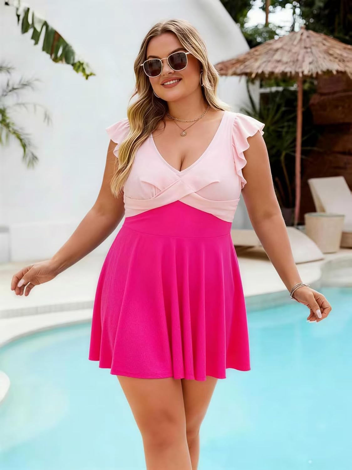 Plus Size Swimsuit for Women, One Piece Tummy Control Bathing Suits with V Neck High Waisted Swim Dress