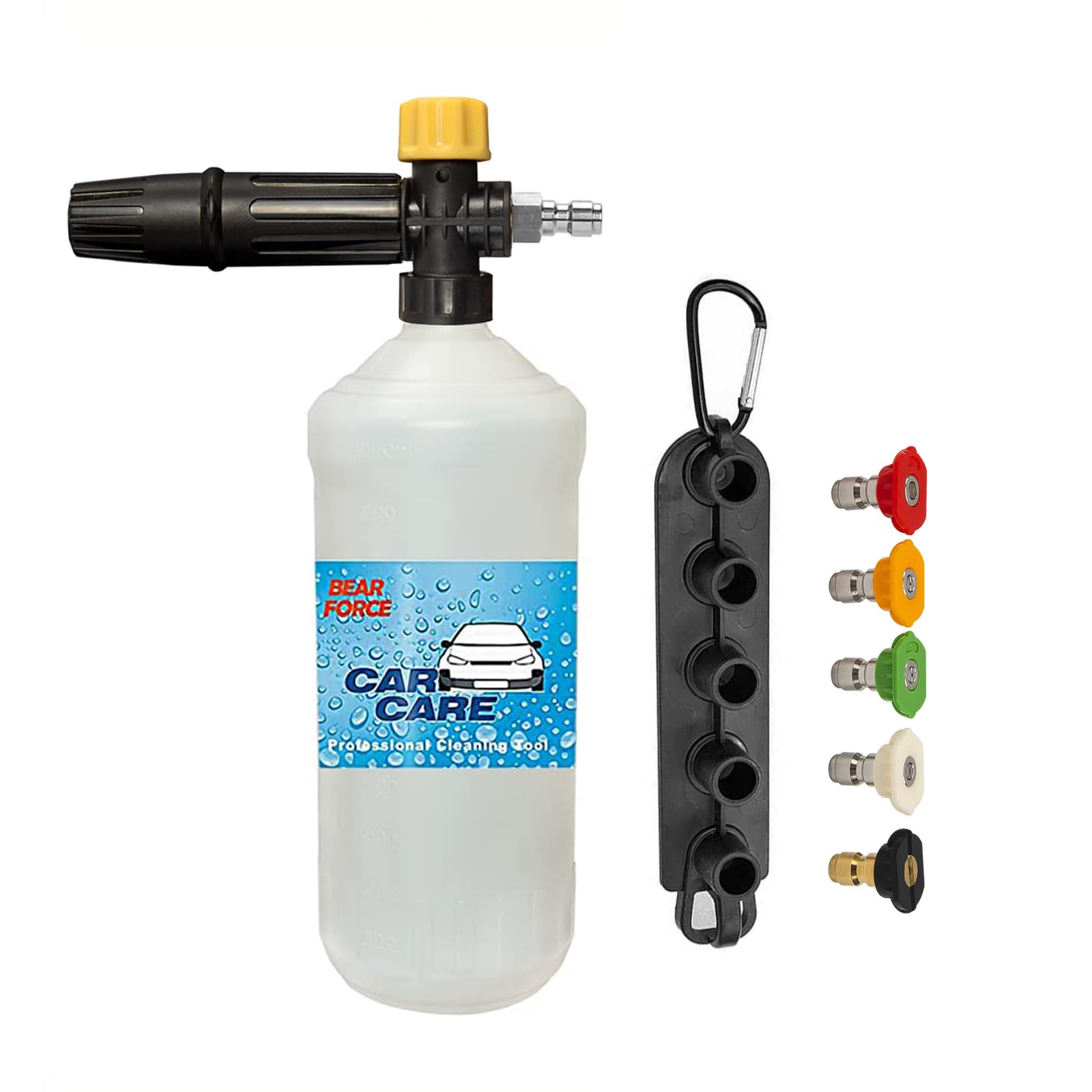 BEARFORCE Pressure Washer DIY Foam Cannon & 5 Spray Tips & Clip Nozzle Holder, Power Washer Adjustable Snow Foam Lance 1L Bottle, Snow Foam Car Wash Soap Gun, 1.1 &1.25mm Orifice Nozzle Foam Gun