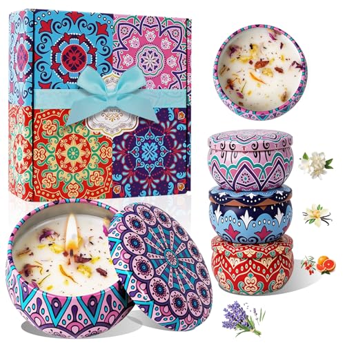 4 Pack Scented Candles for Mom, Aromatherapy Small Candles Gift Set with 8% Essential Oils, Natural Soy Candle with Floral Scents, Elegant Gifts for Women,Men,for Spa,Bath,Yoga,Birthday Mother's Day