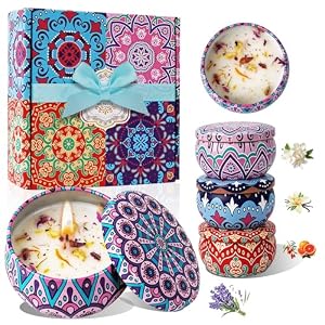 4 Pack Scented Candles for Women Gift- 8% Essential Oil Aromatherapy Candle Set, 50H Long Lasting Natural Soy Wax Candles, Travel Tin Gift Box for Stress Relief Spa Yoga Birthday Housewarming