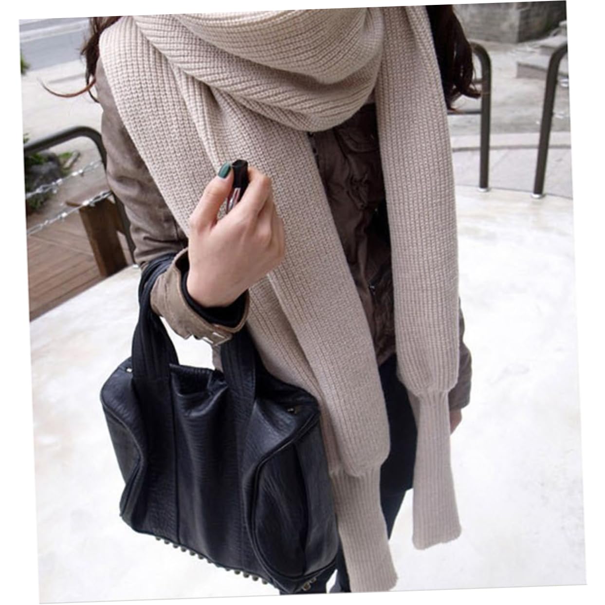 2piezas Bufanda De Punto Unisex Con Mangas Color Beige Diseño y Elástico Para Invierno y Ocasiones Especiales Mantén Tu Cuello y Brazos Abrigados