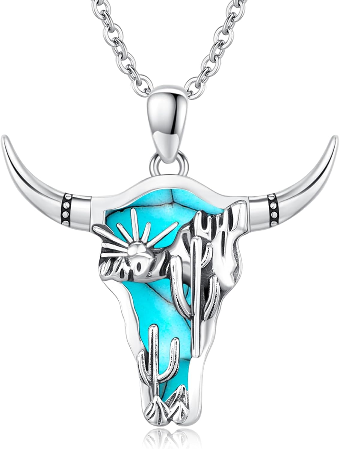Midir&Etain Western Necklace 925 Sterling Silver Turquoise Pendant Highland Cow/Cow Skull/Hat/Tag/Cactus/Boot Cowgirl Country Jewelry for Women Men