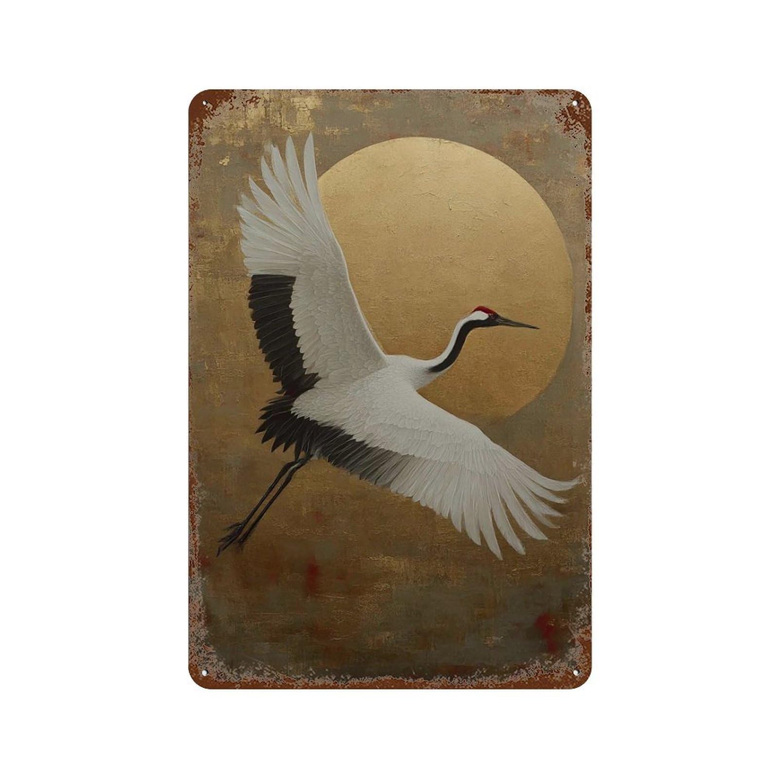 xiaoxiaoshen Cranes in Flight Japanese Bird Red Crowned Crane with Gold Sun Asian Traditional Wall Decor Art Metal Tin Poster Modern Home Decor Art Home Bar Shop Decorations Vintage Sign 30x20cm