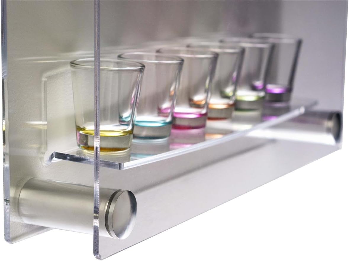 24 Shot Glass Display Case Holder, Side Loading, Transparent Acrylic with 4 Shelves, Includes Silver Standoffs for Wall Mounting