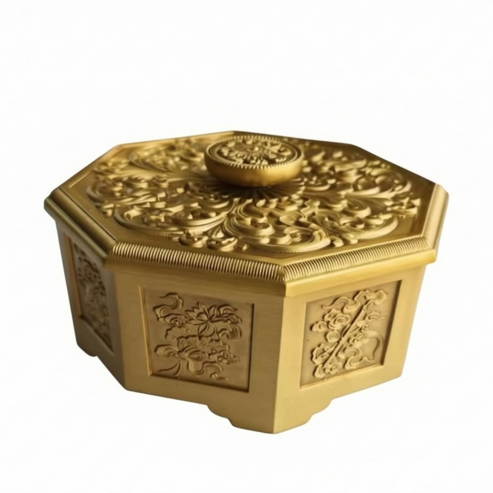 Schmuckdose Schmuckkästchen Aufbewahrungsbox Deko Dose Messing mit Deckel Achteckig mit Relief Blumen Detailreich für Schmuck Kleinigkeiten Bonbons
