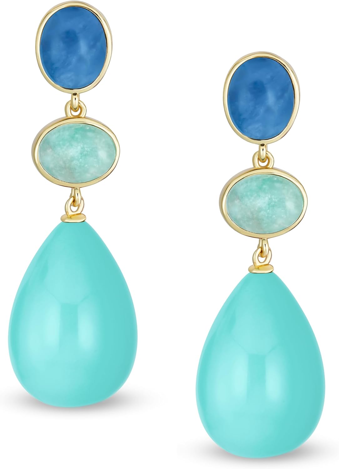 Linear Multi Color 3 Tier Natural Gemstone Black Onyx Blue Turquoise Navy Sodalite Rose Quartz Chandelier Elongated Long Teardrop Dangling Earrings for Women Teens Silver Plated - Image 2