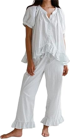 Thopavenoir Women 2 Piece Plaid Pajama Sets Button Down Short Sleeve Babydoll Shirt + Gingham Pants Pj Lounge Set Sleepwear