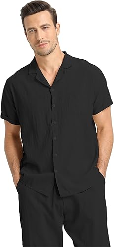 Miniatura 10 de RPOVIG Conjunto de camisa de lino conjunto de 2 piezas de lino para hombre camisas de manga corta pantalones de yoga trajes de playa y boda