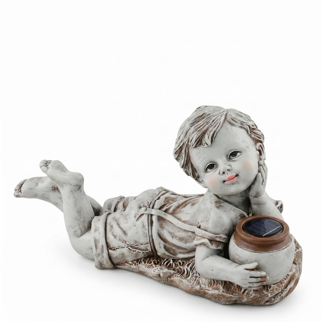 Otbushit solar garden statues: Solar Statues for Yard and Garden, Waterproof Resin Boy Statue Outdoor -Powered Kids Figurine, Boy