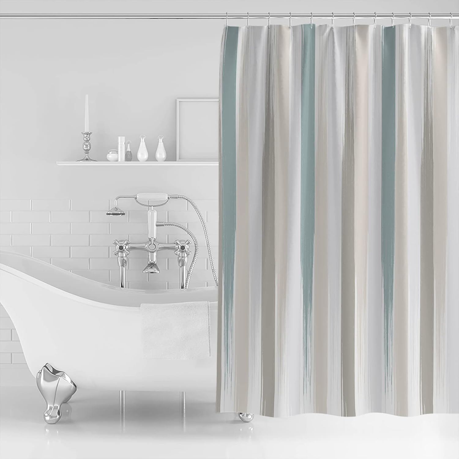 Teal Beige Brown Shower Curtain, Stall Shower Curtains for Bathroom/Bathtub, Modern Oil Painting Striped Abstract Art Waterproof Fabric Shower Curtain Set with 12 Hooks, Long 72" x 84"