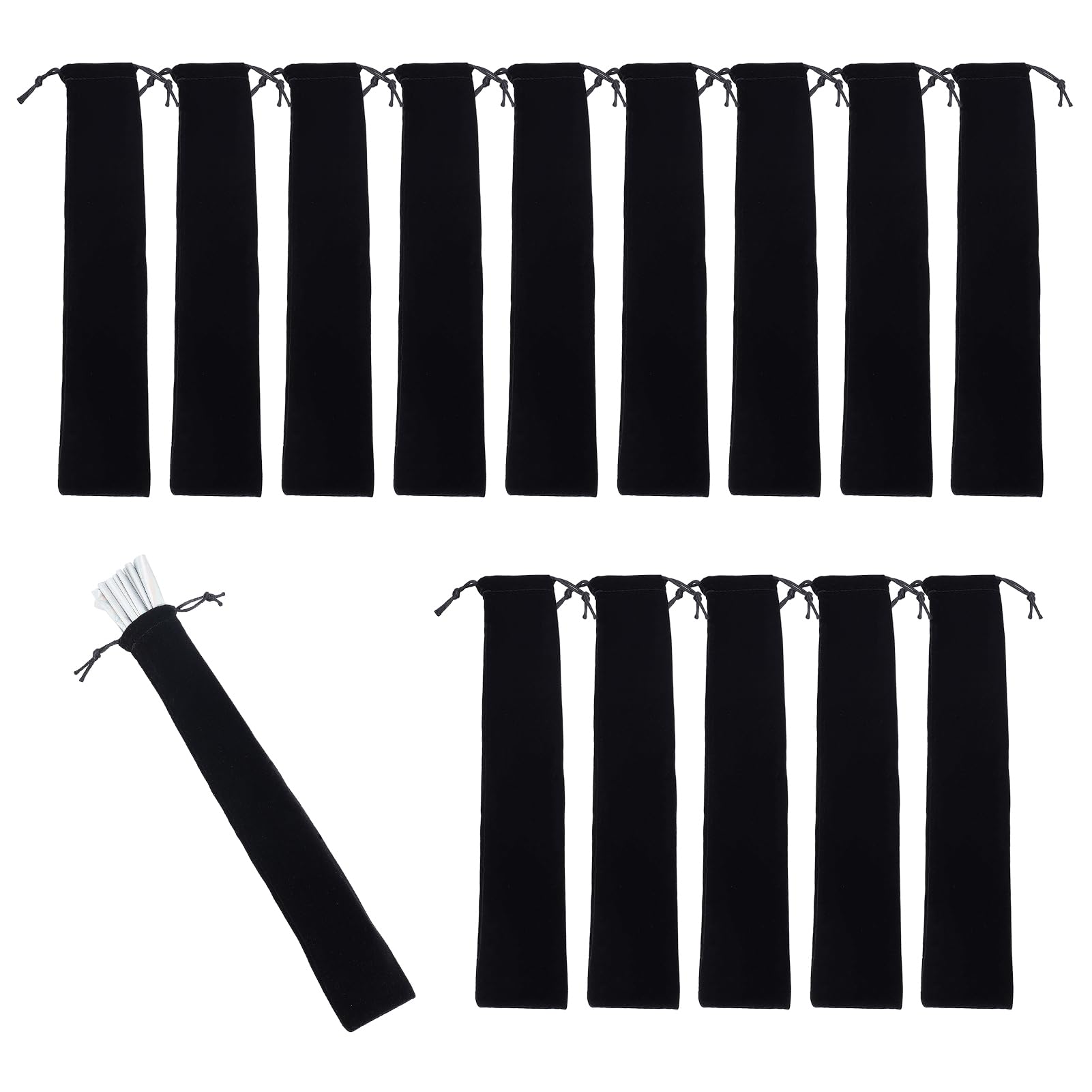 NICENEEDED 15 Pcs Velvet Folding Hand Fan Bags, Black Hand Fan Pocket with Drawstring, 14.2 x 2.8 Inches Multi-function Protector Sleeve Cover for