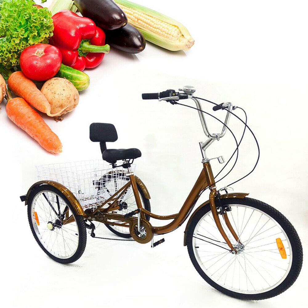 Minus One Triciclo Adulto Adulto Triciclo Bicicleta con 3 Ruedas Senior Bicicleta de Carga 24" 6 velocidades (Dorado sin luz)