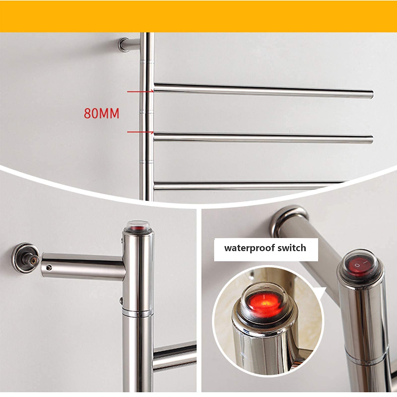 Scaldasalviette Elettrico A 4 Barre per Bagno, Scaldasalviette Portatile Girevole da Parete, Scaldasalviette in Acciaio Inox 304, A Risparmio Energetico, 51 W, Cablato