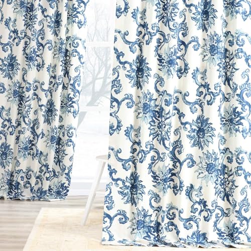 Image of HPD Half Price Drapes Printed Floral Curtains 120 Inches Long Cotton Curtains (1 Panel) Room Darkening Window Curtains for Bedroom & Living Room, 50W x 120L, Blue Floral Blossoms