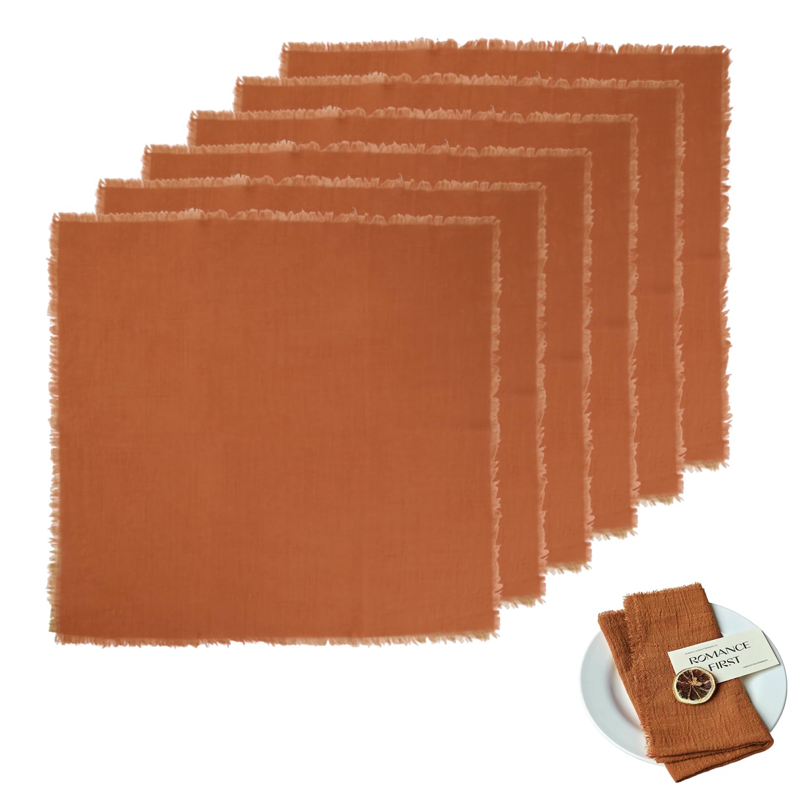 6 PCS Cloth Napkins 42 X 42cm Dinner Table Cotton Napkins Cotton Meal Mat With Fringe Versatile Square Rustic Fringe Napkins for Dinner, Wedding and Parties (Orange)
