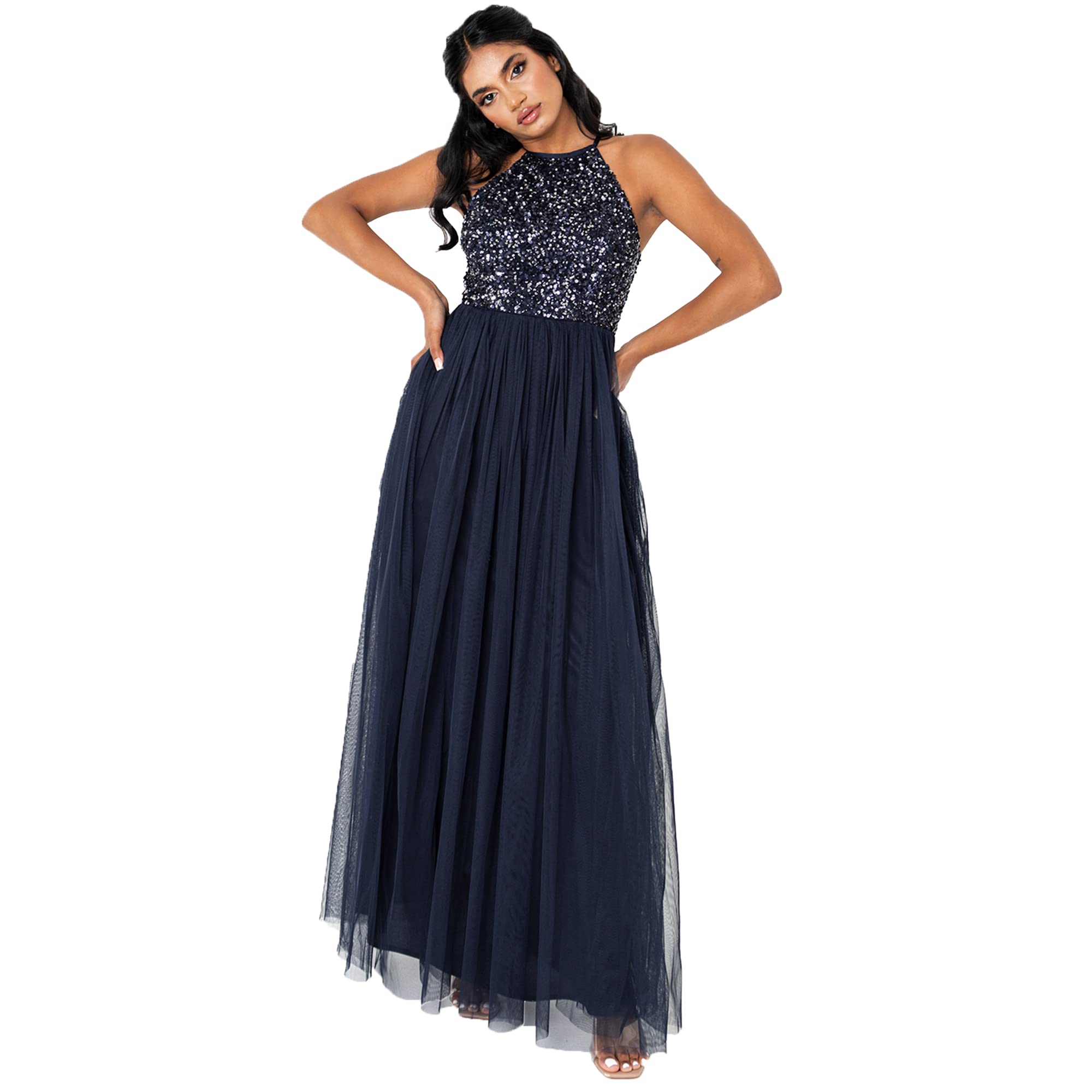 Maya Deluxe Women's Womens Ladies Bridesmaid Maxi Dress Halter Neck Sequin Embellished Prom Graduation Wedding Bridesmaid Dress (Pack of 1)